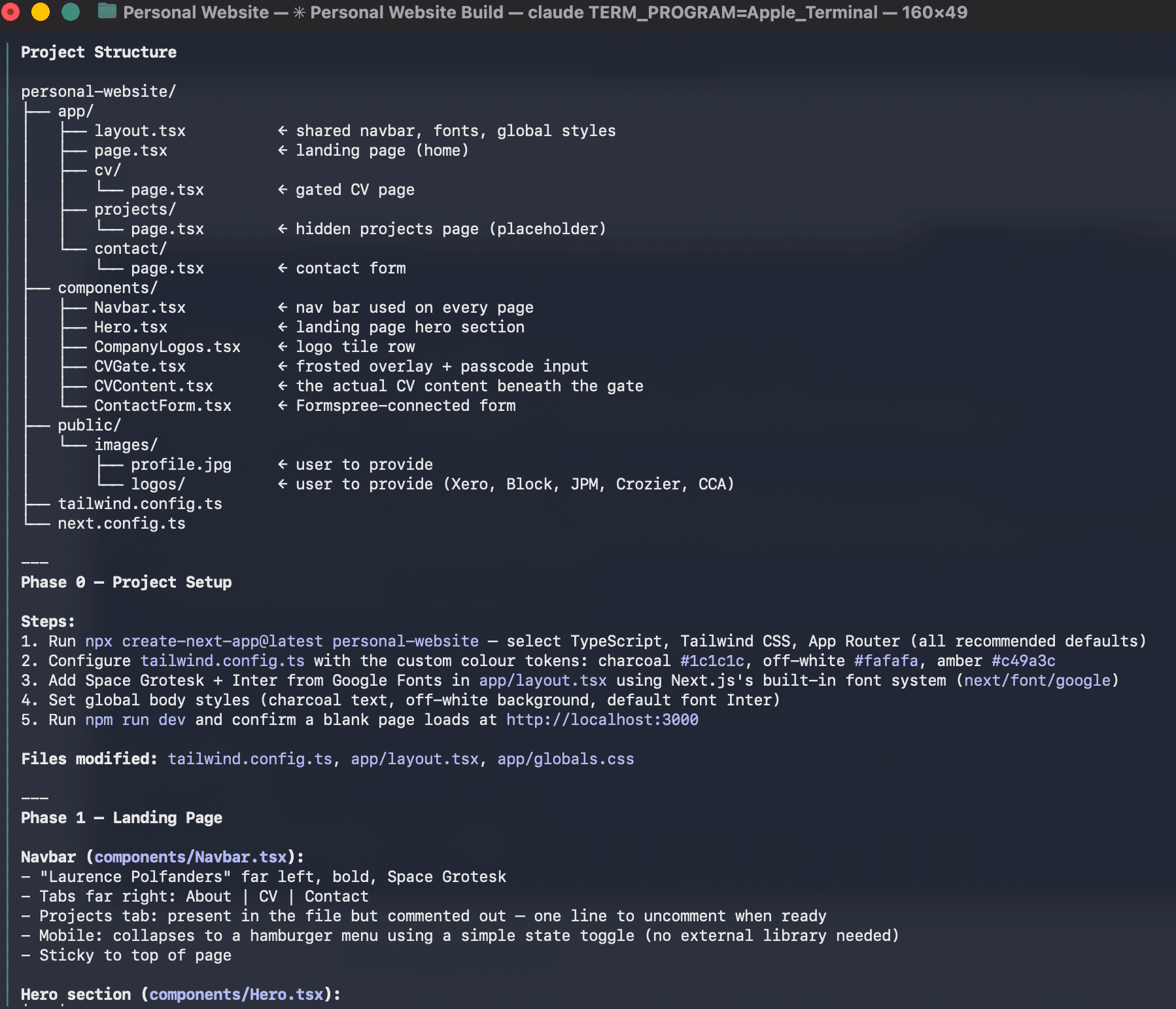 Claude Code terminal session showing the project build